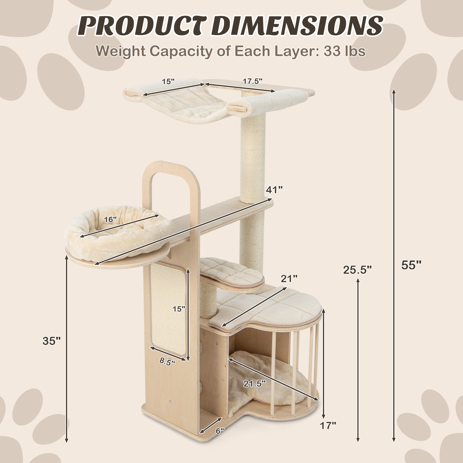 SUGIFT 55 Inch Tall Multi-Level Cat Tree with Washable Removable Cushions