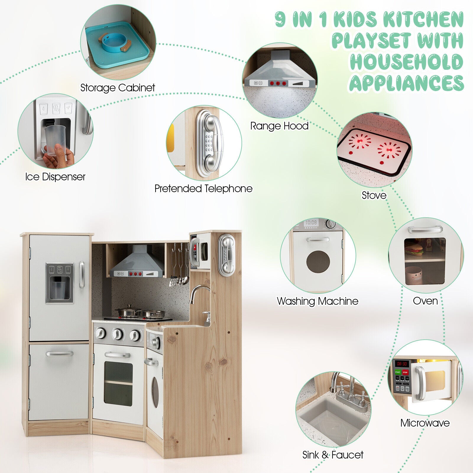 Kids Corner Wooden Kitchen Playset with Cookware Accessories