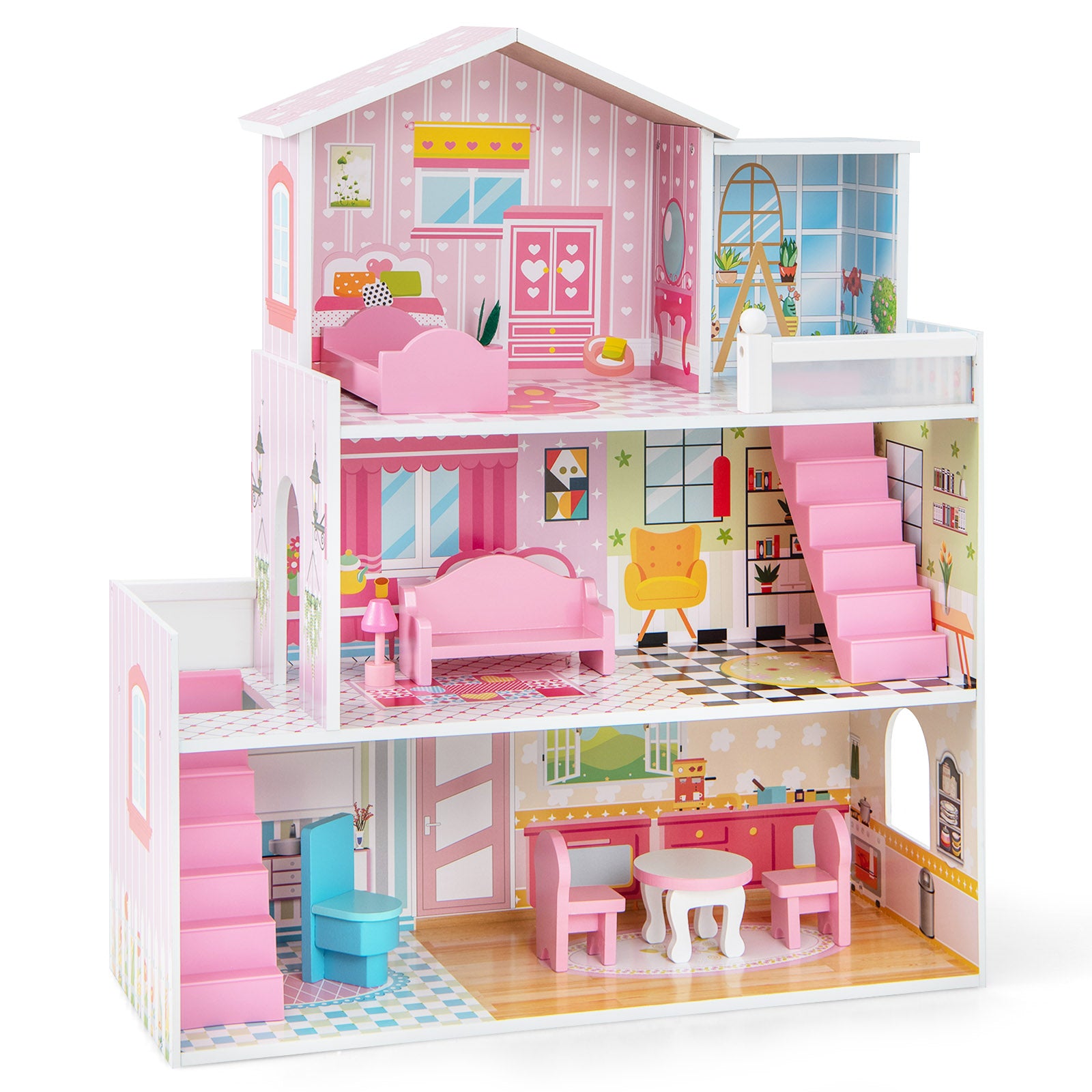 Kids Wooden Dollhouse Playset with 5 Simulated Rooms and 10 Pieces of Furniture