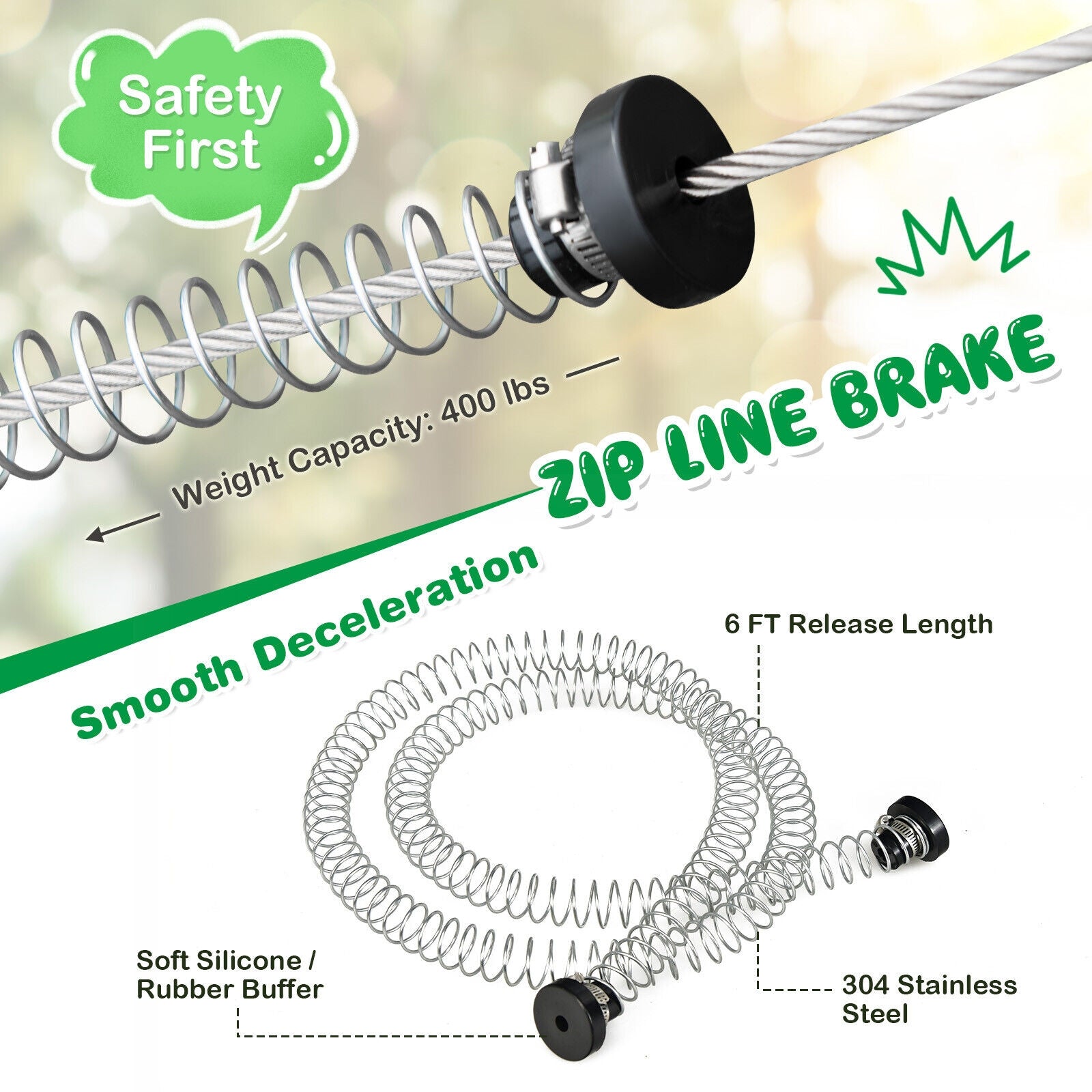 100 Feet Zipline Kit for Backyard Kids Adults with Stainless Steel Spring Brake Seat