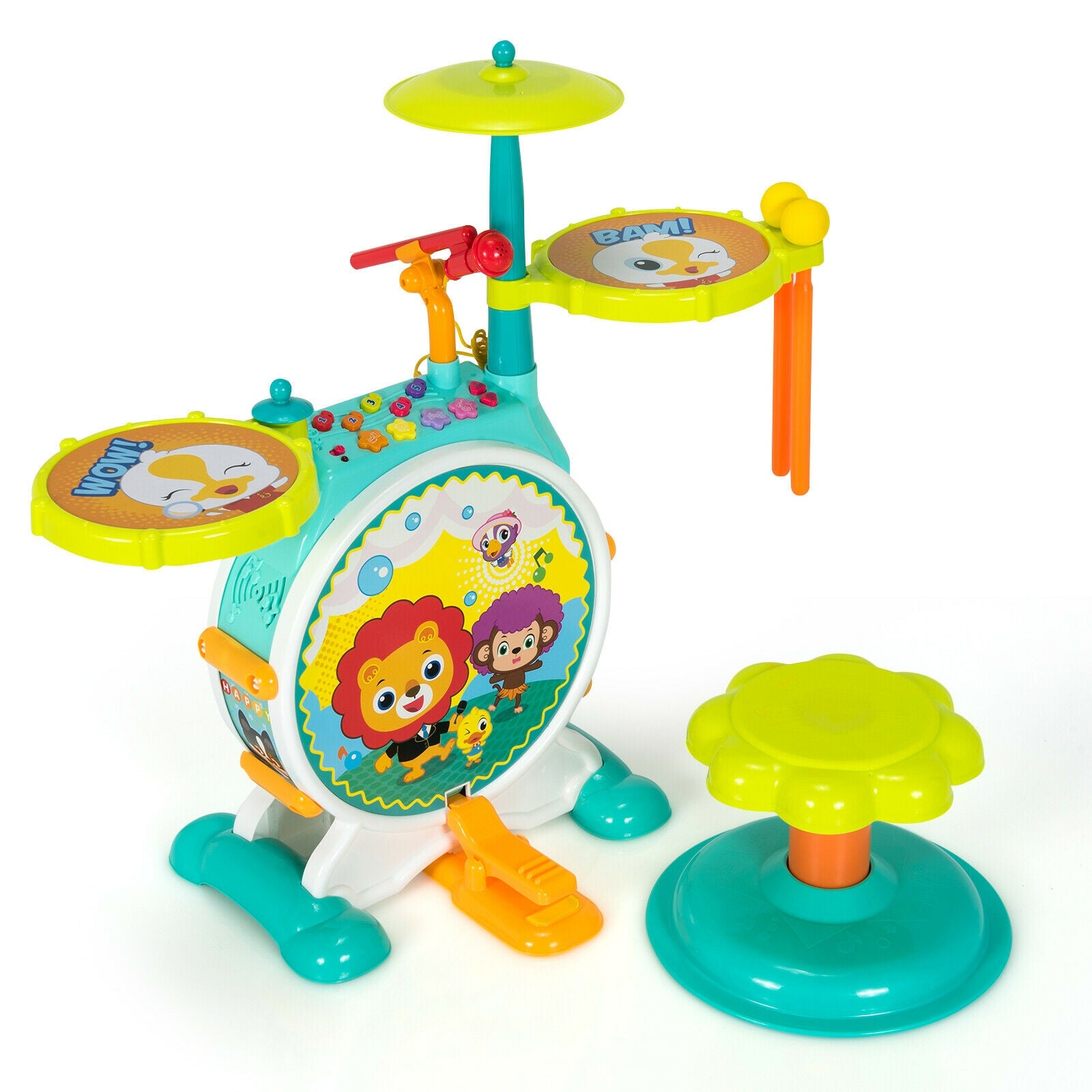 3 Pieces Electric Kids Drum Set with Microphone Stool Pedal