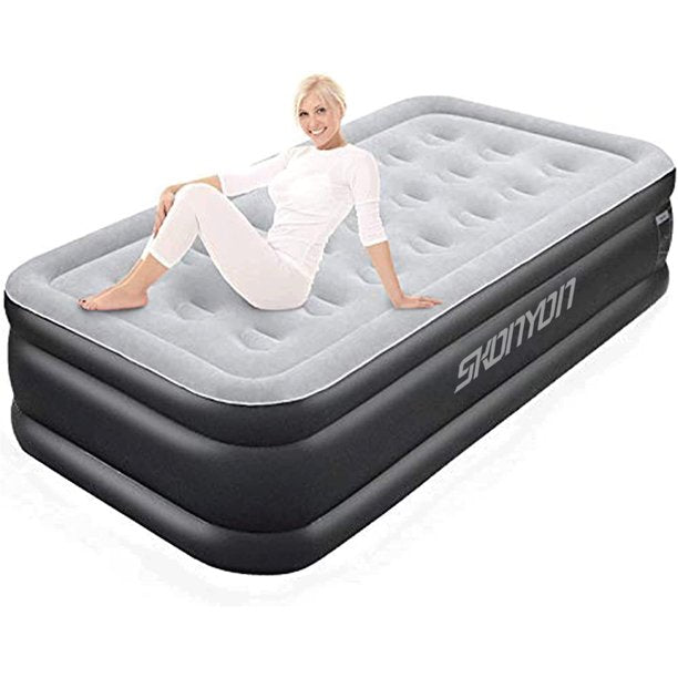 Air Mattress with Built-in Pump Puncture Resistant Air Bed with Waterproof Flocked Top Elevated Inflatable Mattress Single