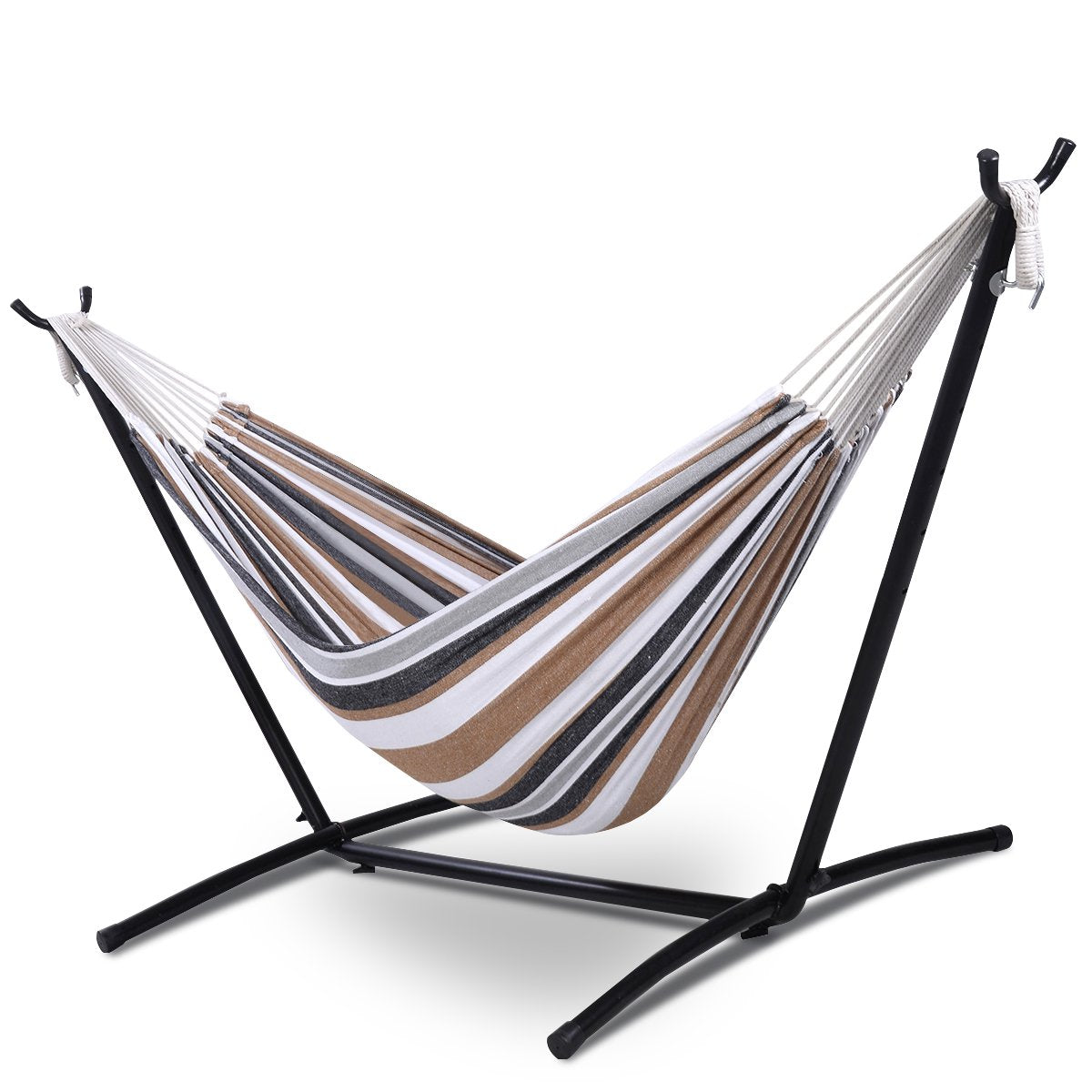 SUGIFT  2-Person Brazilian-Style Cotton Double Hammock Bed with Carrying Bag, Steel Stand, Desert Stripes