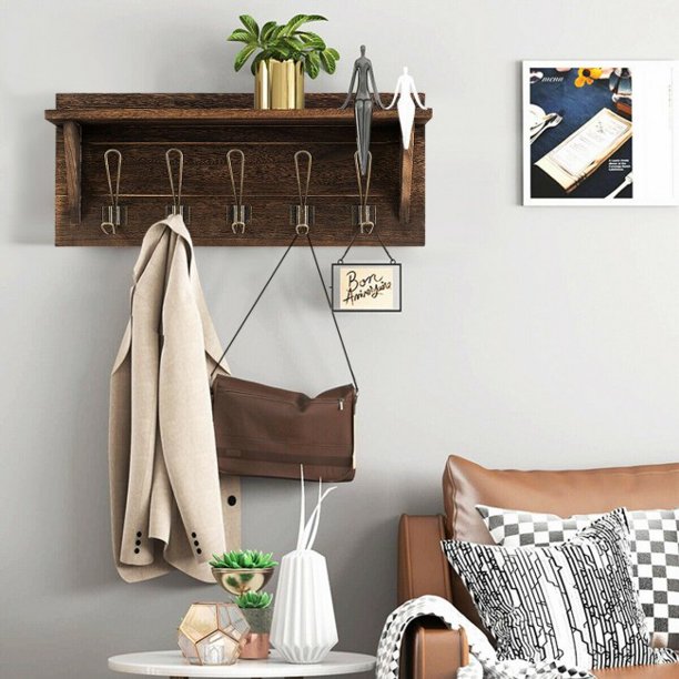 SUGIFT   Hanging Shelf Rustic Wooden Wall-Mounted Entryway Hanging Shelf