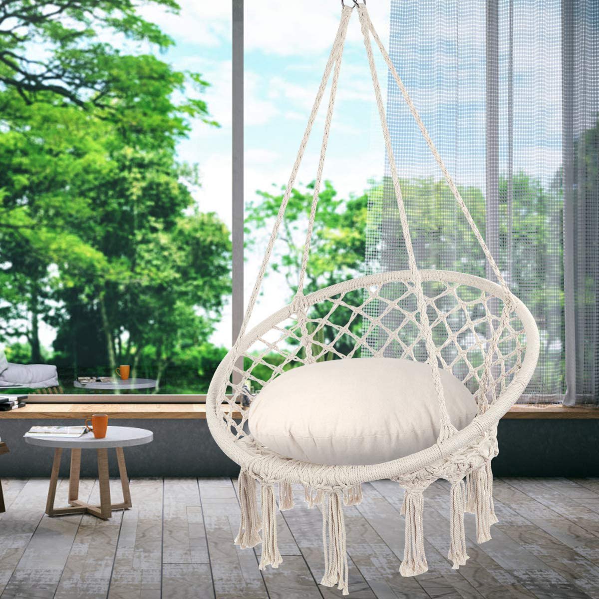 SUGIFT   Handwoven Cotton Macrame Hammock Hanging Chair Swing chair for Indoor & Outdoor Use Backrest - Beige