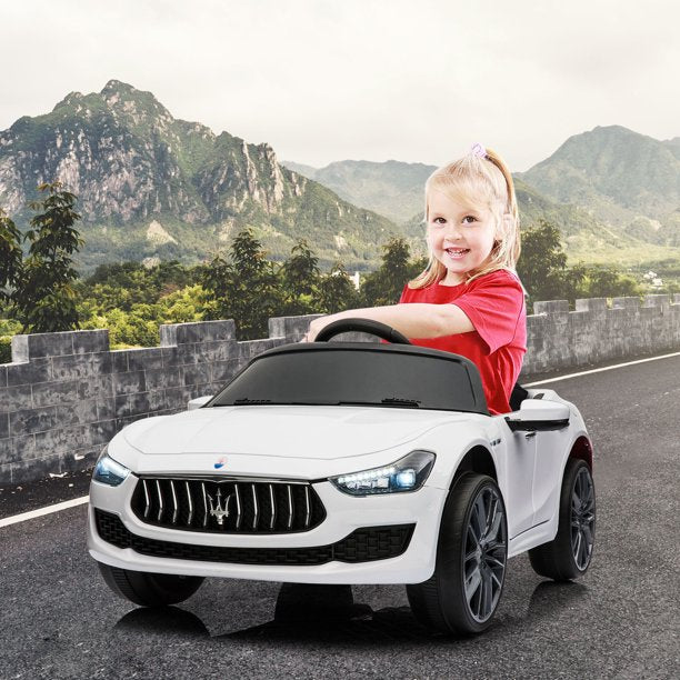 SUGIFT  12V Kids Ride On Car, Electric Vehicle with Remote Control, MP3, USB, Music, Horn, LED Lights, Openable Doors, White